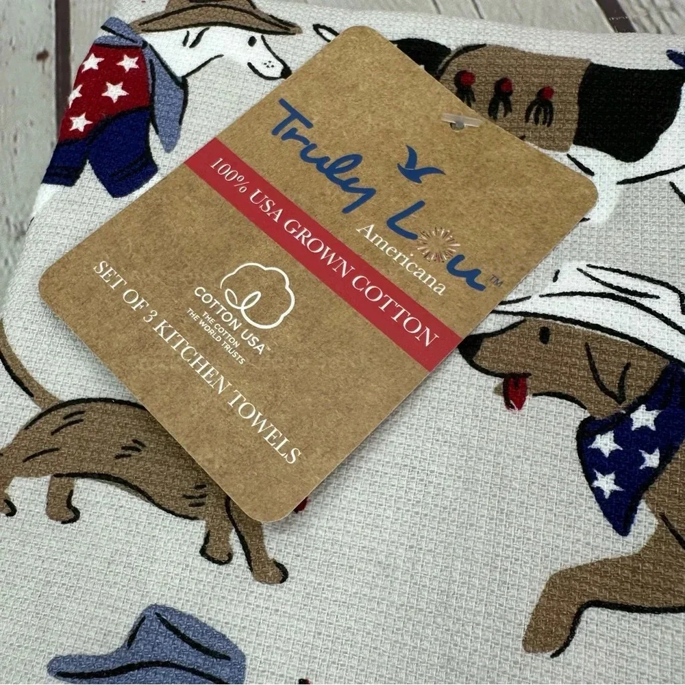 NWT truly lou americana cotton kitchen towel set of 3 with dogs in cowboy hats
